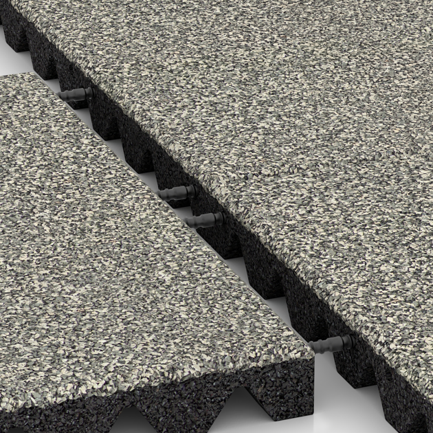 Le gros plan sur le système de connexion des revêtements de sol WARCO 0642 - Dalle amortissante en couleur Granit clair. Les dimensions 500 x 500 x 45 mm.