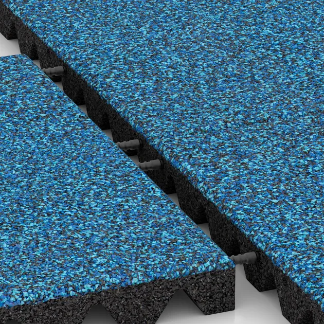 Le gros plan sur le système de connexion des revêtements de sol WARCO 0650 - Dalle amortissante en couleur Atlantique. Les dimensions 500 x 500 x 45 mm.