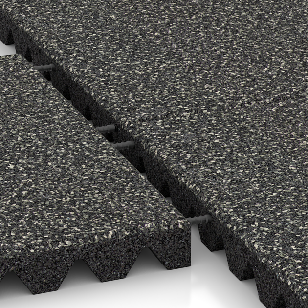 Le gros plan sur le système de connexion des revêtements de sol WARCO 5359 - Dalle amortissante en couleur Granit foncé. Les dimensions 500 x 500 x 50 mm.