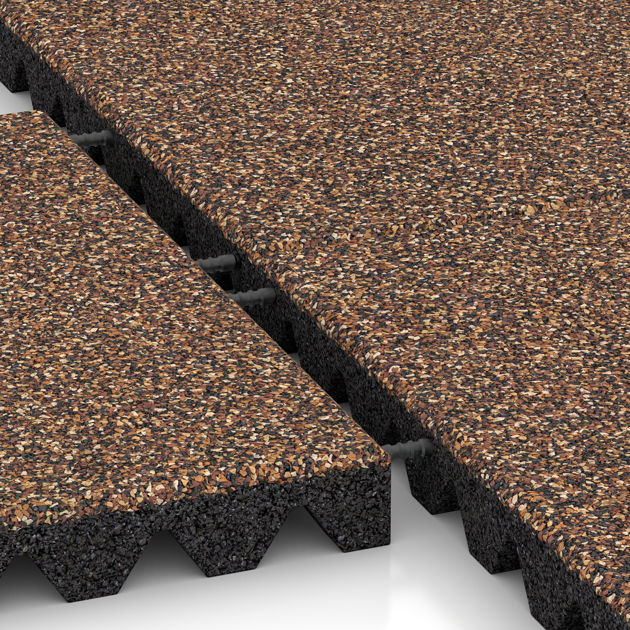 Le gros plan sur le système de connexion des revêtements de sol WARCO 5360 - Dalle amortissante en couleur Café au lait. Les dimensions 500 x 500 x 50 mm.