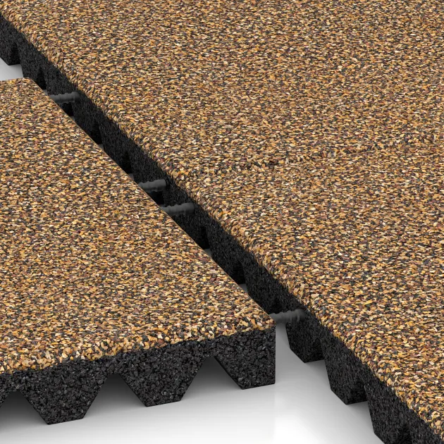 Le gros plan sur le système de connexion des revêtements de sol WARCO 5353 - Dalle amortissante en couleur Maroc. Les dimensions 500 x 500 x 50 mm.