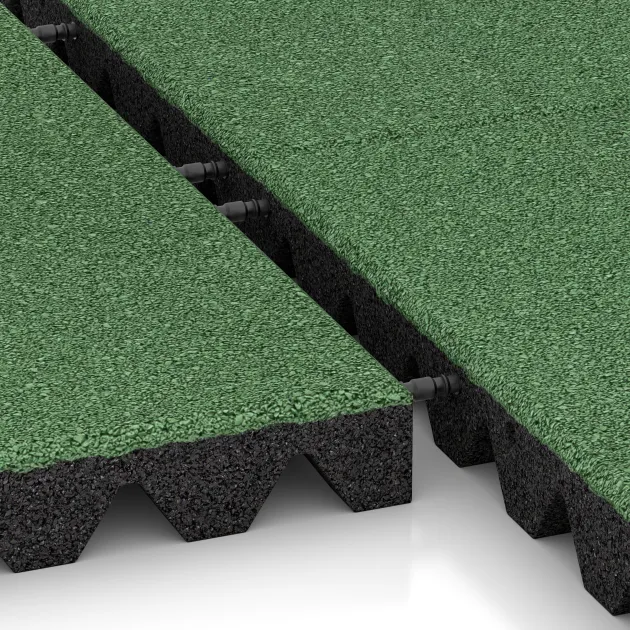 Le gros plan sur le système de connexion des revêtements de sol WARCO 5570 - Dalle amortissante 5 cm - EN 1177 ≤ 145 cm en couleur Vert pâle. Les dimensions 500 x 500 x 50 mm.