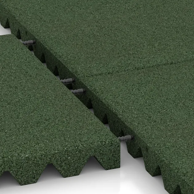 Großaufnahme vom Verbindungssystem von WARCO-Boden 0692 - Fallschutzplatte im Farbdesign Grasgrün. Abmessungen 500 x 500 x 50 mm.