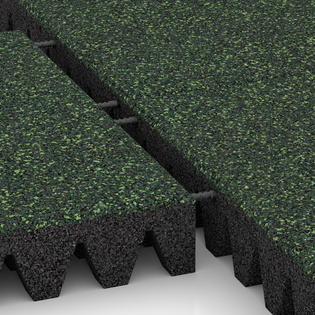 Großaufnahme vom Verbindungssystem von WARCO-Boden 5365 - Fallschutzplatte im Farbdesign Englischer Rasen. Abmessungen 500 x 500 x 80 mm.