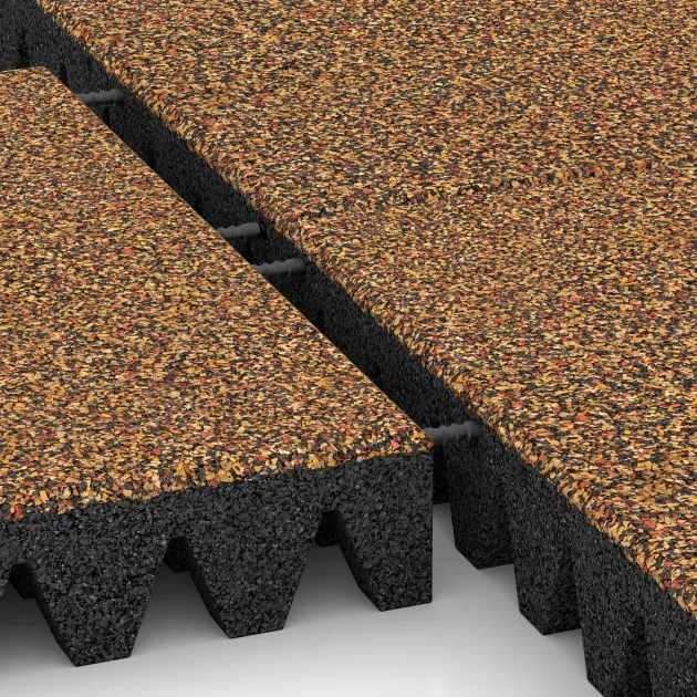 Le gros plan sur le système de connexion des revêtements de sol WARCO 5373 - Dalle amortissante en couleur Terre cuite. Les dimensions 500 x 500 x 80 mm.