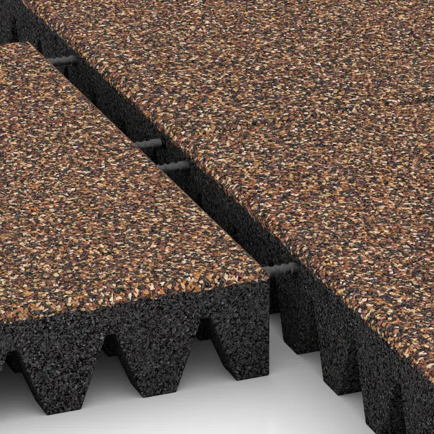 Großaufnahme vom Verbindungssystem von WARCO-Boden 5363 - Fallschutzplatte im Farbdesign Bast & Borke. Abmessungen 500 x 500 x 80 mm.