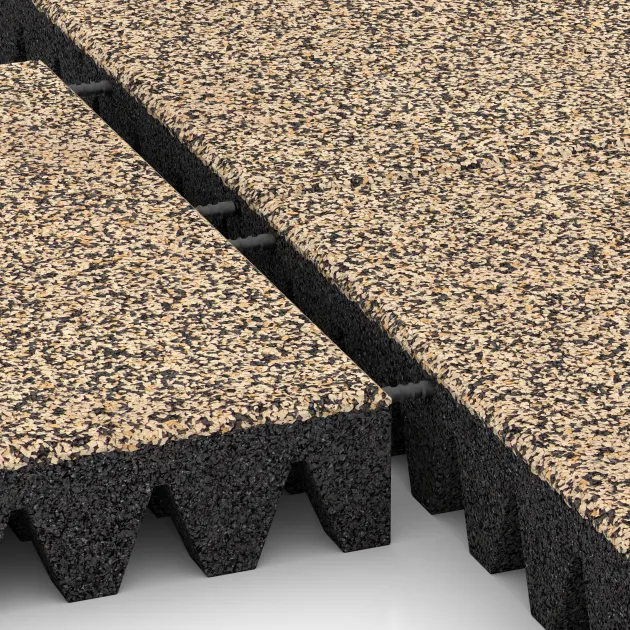 Großaufnahme vom Verbindungssystem von WARCO-Boden 5374 - Fallschutzplatte im Farbdesign Travertin. Abmessungen 500 x 500 x 80 mm.