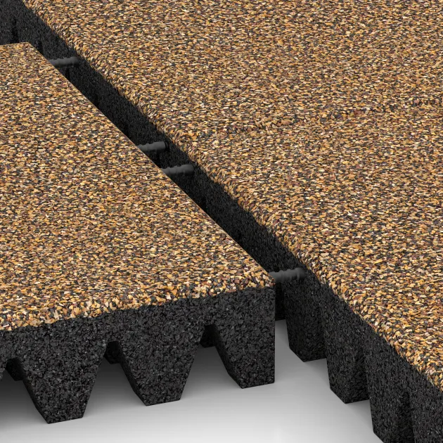Großaufnahme vom Verbindungssystem von WARCO-Boden 5371 - Fallschutzplatte im Farbdesign Rattan Lounge. Abmessungen 500 x 500 x 80 mm.