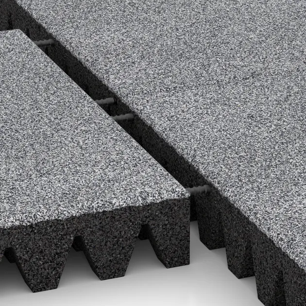 Großaufnahme vom Verbindungssystem von WARCO-Boden 5376 - Fallschutzplatte im Farbdesign Grau Melange. Abmessungen 500 x 500 x 80 mm.