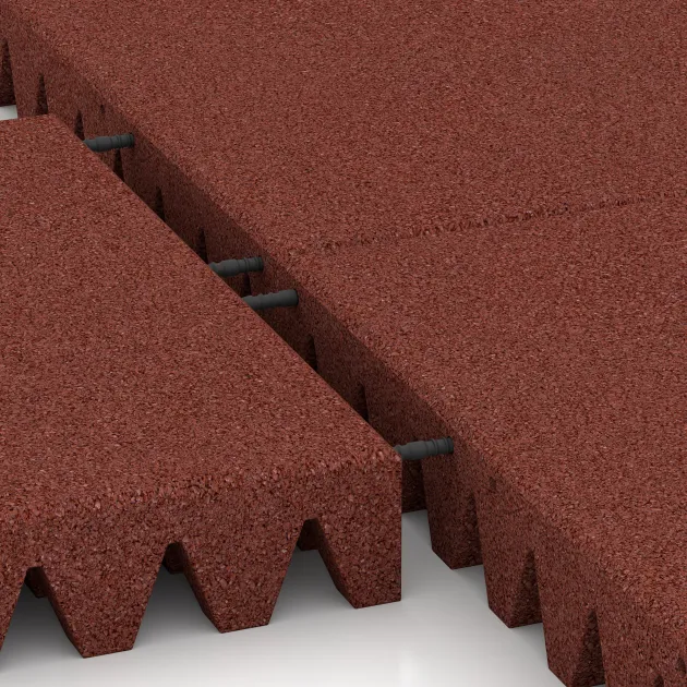Großaufnahme vom Verbindungssystem von WARCO-Boden 0727 - Fallschutzplatte im Farbdesign Ziegelrot. Abmessungen 500 x 500 x 80 mm.