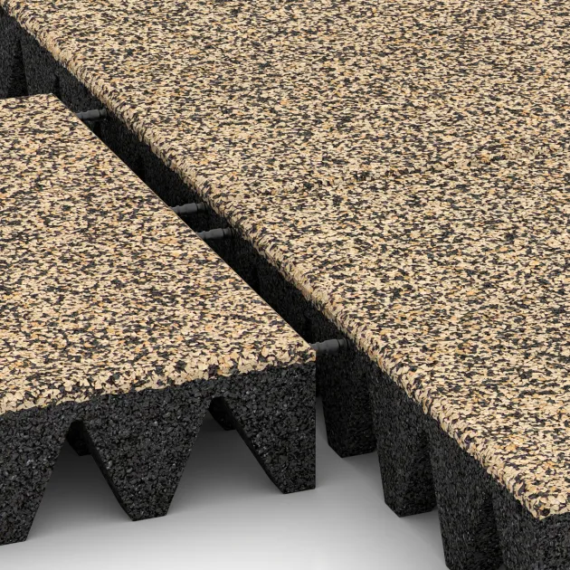 Großaufnahme vom Verbindungssystem von WARCO-Boden 3699 - Fallschutzplatte im Farbdesign Travertin. Abmessungen 500 x 500 x 100 mm.