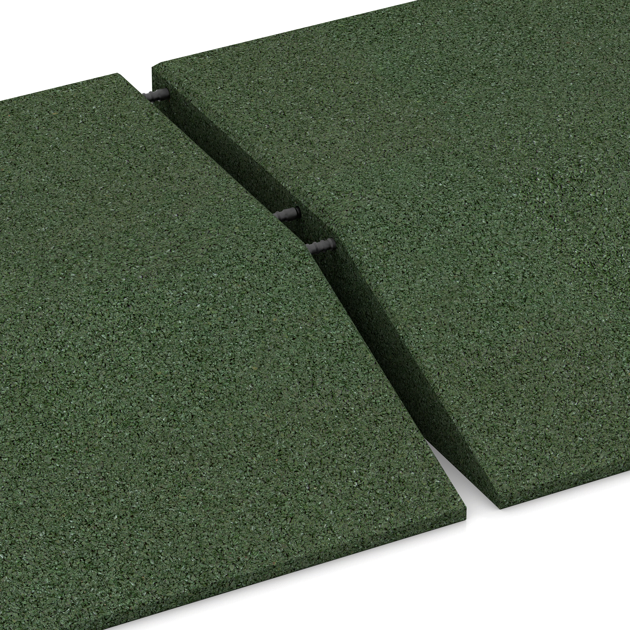 Großaufnahme vom Verbindungssystem von WARCO-Boden 0501 - Eck-Platte (zwei Seiten abgeschrägt) im Farbdesign Grasgrün. Abmessungen 500 x 500 x 100 mm.