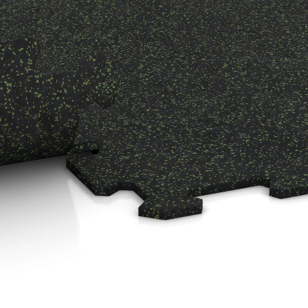 Großaufnahme vom Verbindungssystem von WARCO-Boden 1058 - Fitnessboden Kompakt im Farbdesign Leicht Grün Gesprenkelt. Abmessungen 970 x 970 x 8 mm | 0,94 m.