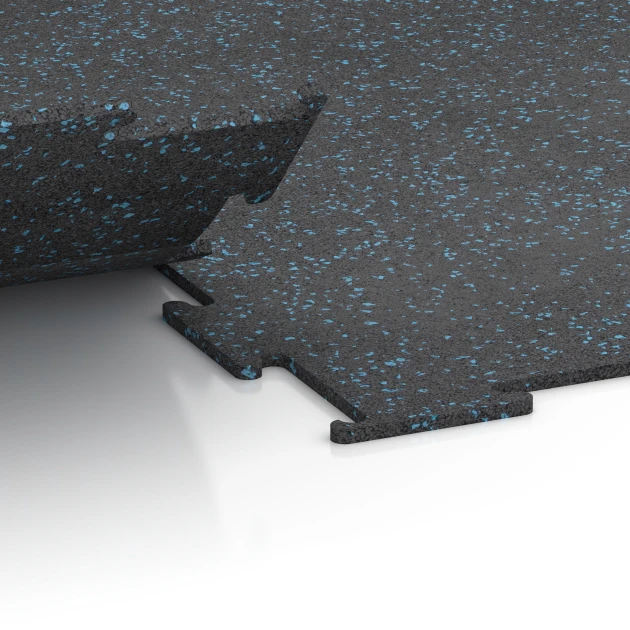 Großaufnahme vom Verbindungssystem von WARCO-Boden 6451 - Fitnessboden Kompakt im Farbdesign Leicht Blau Gesprenkelt. Abmessungen 100 × 100 × 0,8 cm.