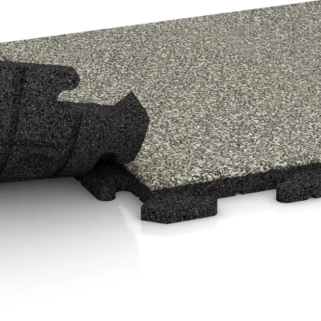 Großaufnahme vom Verbindungssystem von WARCO-Boden 1208 - Poolfliese Classic im Farbdesign Heller Granit. Abmessungen 500 x 500 x 30 mm.