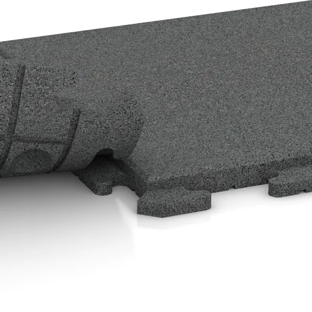 Le gros plan sur le système de connexion des revêtements de sol WARCO 1280 - Revêtement de sol Fitness Dalles en Caoutchouc Classic en couleur Gris ardoise. Les dimensions 500 x 500 x 30 mm.