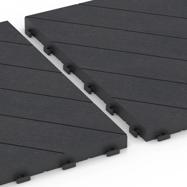 Le gros plan sur le système de connexion des revêtements de sol WARCO 6325 - Point de Hongrie – Dalle clipsable en couleur Ardoise. Les dimensions 38,5 x 38,5 x 2 cm.