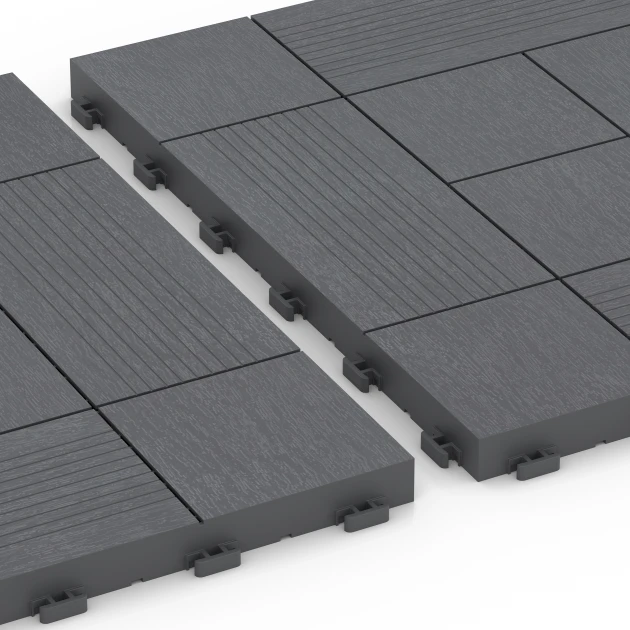 Großaufnahme vom Verbindungssystem von WARCO-Boden 6237 - Tafelmuster – Klickfliese im Farbdesign Silbergrau. Abmessungen 38,5 x 38,5 x 2 cm.