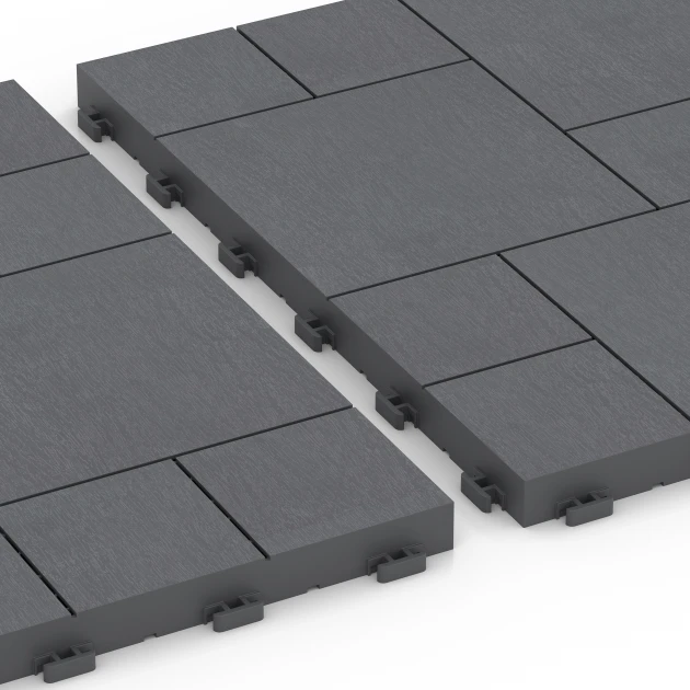 Großaufnahme vom Verbindungssystem von WARCO-Boden 6330 - Blockmuster – Klickfliese im Farbdesign Silbergrau. Abmessungen 38,5 x 38,5 x 2 cm.