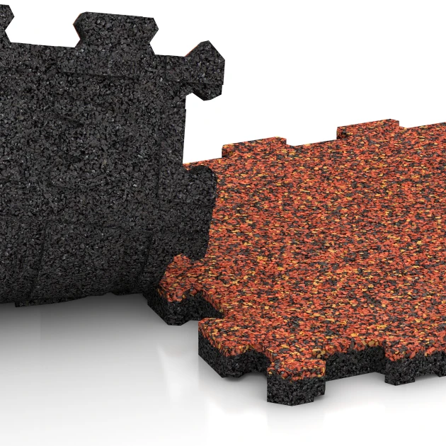 Großaufnahme vom Verbindungssystem von WARCO-Boden 3722 - Fitnessmatte Premium 2 cm im Farbdesign Feuersglut. Abmessungen 30,6 x 30,6 x 2 cm | 0,094 m².