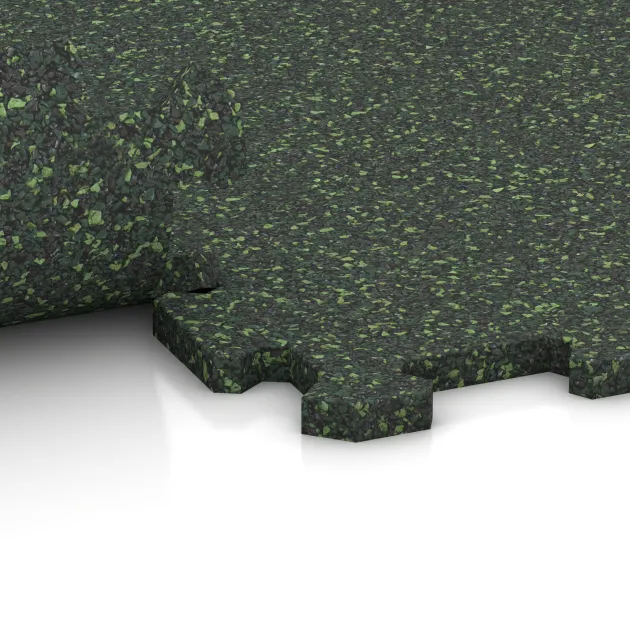 Großaufnahme vom Verbindungssystem von WARCO-Boden 1099 - Fitnessboden Kompakt im Farbdesign Englischer Rasen. Abmessungen 970 x 970 x 16 mm | 0,94 m².