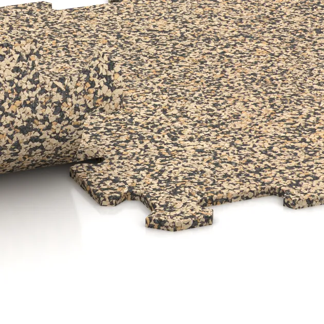 Großaufnahme vom Verbindungssystem von WARCO-Boden 0876 - Treppenfliese im Farbdesign Travertin. Abmessungen 485 x 485 x 8 mm.