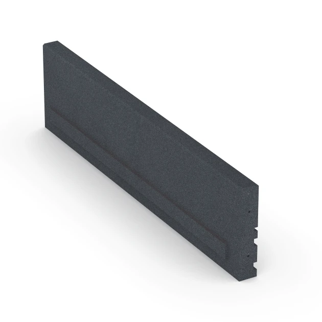 Großaufnahme vom Verbindungssystem von WARCO-Boden 6213 - Gummi-Tiefbord im Farbdesign Schiefergrau. Abmessungen 100 × 5 × 25 cm.