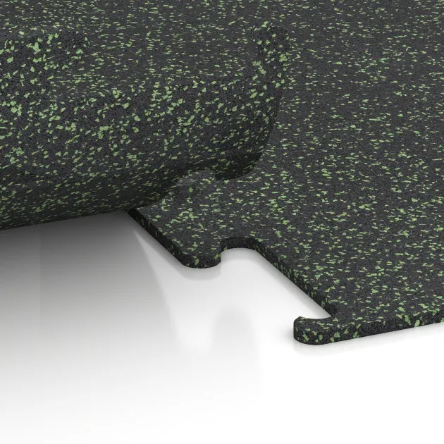 Le gros plan sur le système de connexion des revêtements de sol WARCO 3755 - Revêtement sportif Fitness Performance Elite en couleur Vert doux moucheté. Les dimensions .