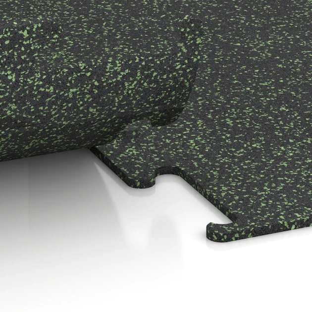 Le gros plan sur le système de connexion des revêtements de sol WARCO 3755 - Fitness Performance Elite Revêtement Sportif en couleur Vert doux moucheté. Les dimensions 100 x 100 x 1 cm | 1,00 m².