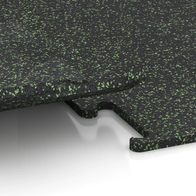 Großaufnahme vom Verbindungssystem von WARCO-Boden 3759 - Fitness Performance Elite Trainingsboden im Farbdesign Leicht Grün Gesprenkelt. Abmessungen 100 x 100 x 1,5 cm | 1,00 m².