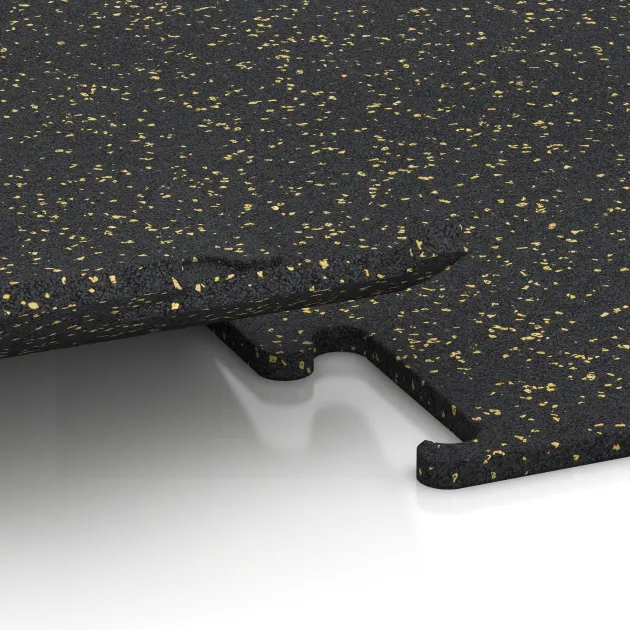 Großaufnahme vom Verbindungssystem von WARCO-Boden 3756 - Fitness Performance Elite Trainingsboden im Farbdesign Leicht Gelb Gesprenkelt. Abmessungen 1000 x 1000 x 15 mm.