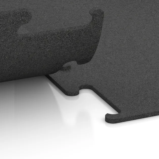 Großaufnahme vom Verbindungssystem von WARCO-Boden 3749 - Fitness Performance Elite Trainingsboden im Farbdesign Anthrazit. Abmessungen 500 x 500 x 10 mm.
