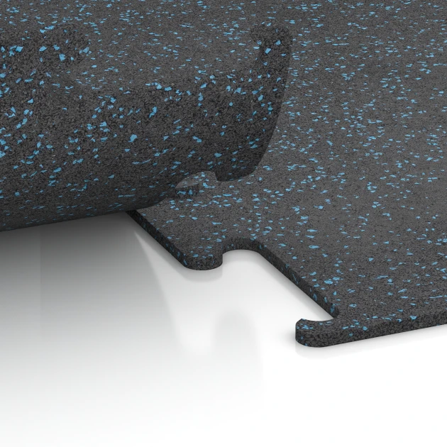 Großaufnahme vom Verbindungssystem von WARCO-Boden 3766 - Fitness Performance Elite Trainingsboden im Farbdesign Leicht Blau Gesprenkelt. Abmessungen 50 x 50 x 1 cm | 0,25 m².