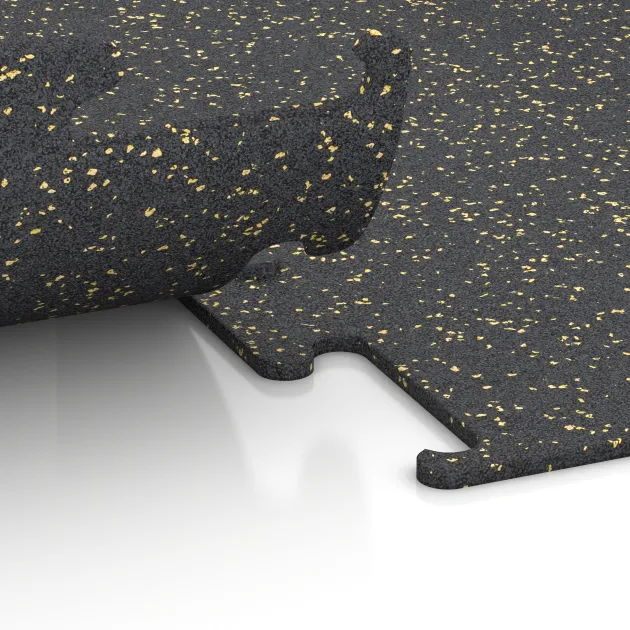 Le gros plan sur le système de connexion des revêtements de sol WARCO 3764 - Revêtement sportif Fitness Performance Elite en couleur Jaune doux moucheté. Les dimensions 500 x 500 x 10 mm.