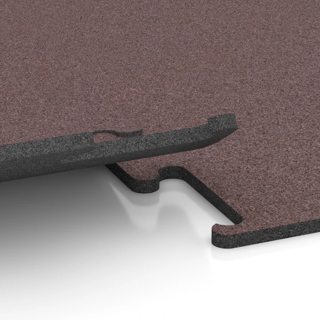 Le gros plan sur le système de connexion des revêtements de sol WARCO 6153 - Revêtement sportif Fitness Performance Elite en couleur Rouge Minéral. Les dimensions 50 x 50 x 1,5 cm | 0,25 m².