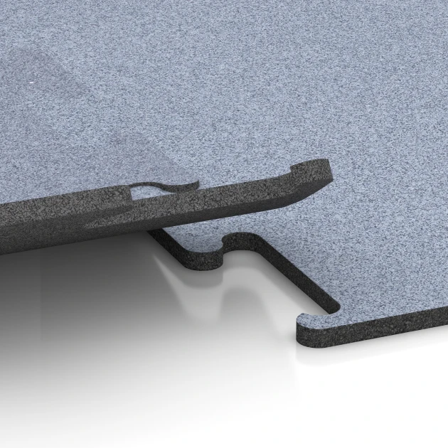 Großaufnahme vom Verbindungssystem von WARCO-Boden 6154 - Fitness Performance Elite Trainingsboden im Farbdesign Nebelgrau. Abmessungen 50 x 50 x 1,5 cm | 0,25 m².