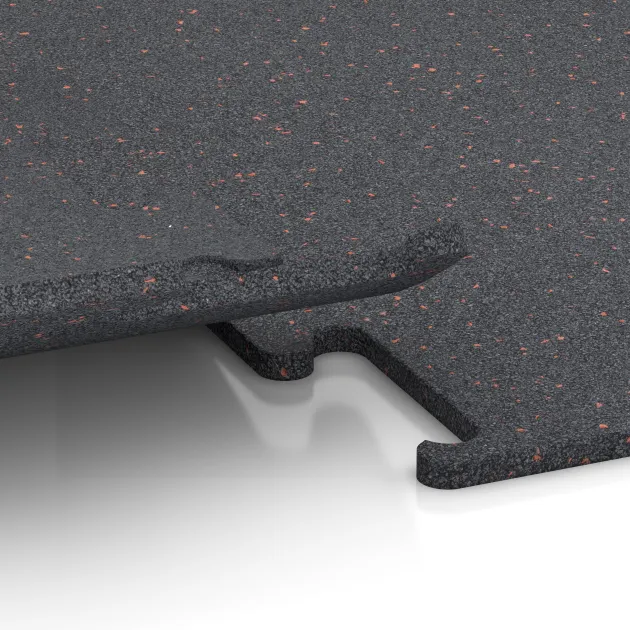 Großaufnahme vom Verbindungssystem von WARCO-Boden 3769 - Fitness Performance Elite Trainingsboden im Farbdesign Leicht Rot Gesprenkelt. Abmessungen 500 x 500 x 15 mm.