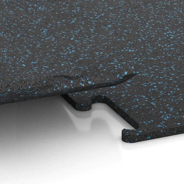 Großaufnahme vom Verbindungssystem von WARCO-Boden 3770 - Fitness Performance Elite Trainingsboden im Farbdesign Leicht Blau Gesprenkelt. Abmessungen 50 x 50 x 1,5 cm | 0,25 m².