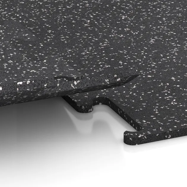Großaufnahme vom Verbindungssystem von WARCO-Boden 3780 - Fitness Performance Elite Trainingsboden im Farbdesign Leicht Grau Gesprenkelt. Abmessungen 500 x 500 x 15 mm.