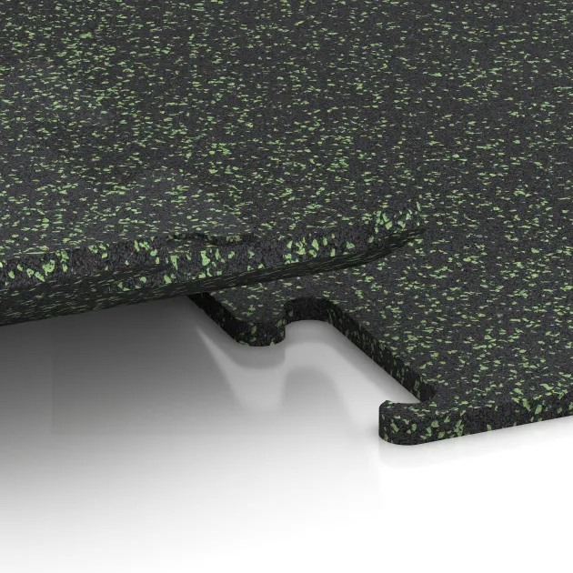 Le gros plan sur le système de connexion des revêtements de sol WARCO 3771 - Revêtement sportif Fitness Performance Elite en couleur Vert doux moucheté. Les dimensions .