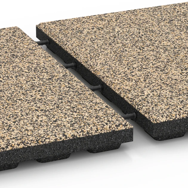 Großaufnahme vom Verbindungssystem von WARCO-Boden 6428 - Fallschutzplatte – 120 cm im Farbdesign Travertin. Abmessungen 50 x 50 x 4 cm.