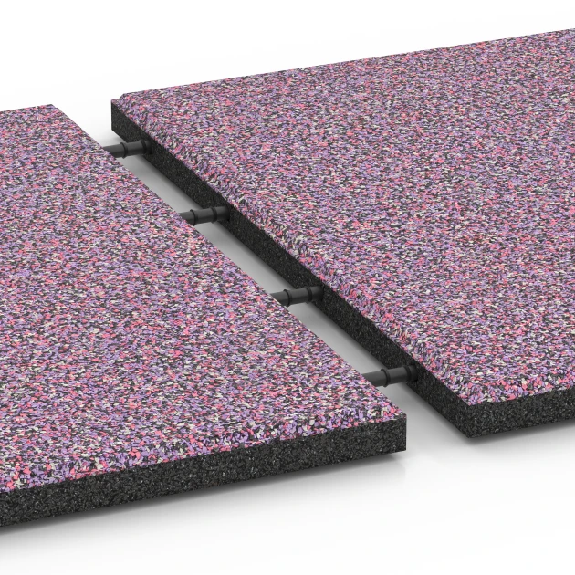 Le gros plan sur le système de connexion des revêtements de sol WARCO 6418 - Dalle amortissante – 90 cm en couleur Lavande. Les dimensions 50 x 50 x 3 cm.