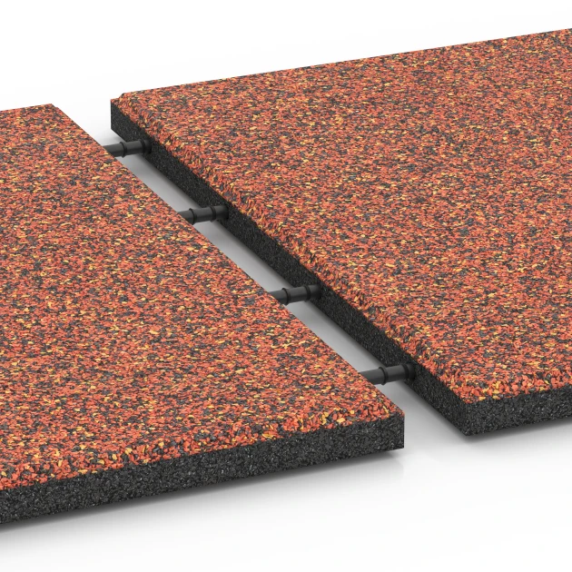 Großaufnahme vom Verbindungssystem von WARCO-Boden 6417 - Fallschutzplatte – 90 cm im Farbdesign Feuersglut. Abmessungen 50 x 50 x 3 cm | 0,25 m².