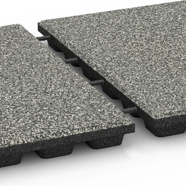 Le gros plan sur le système de connexion des revêtements de sol WARCO 6432 - Dalle amortissante – 160 cm en couleur Granit gris. Les dimensions 50 x 50 x 4,8 cm.