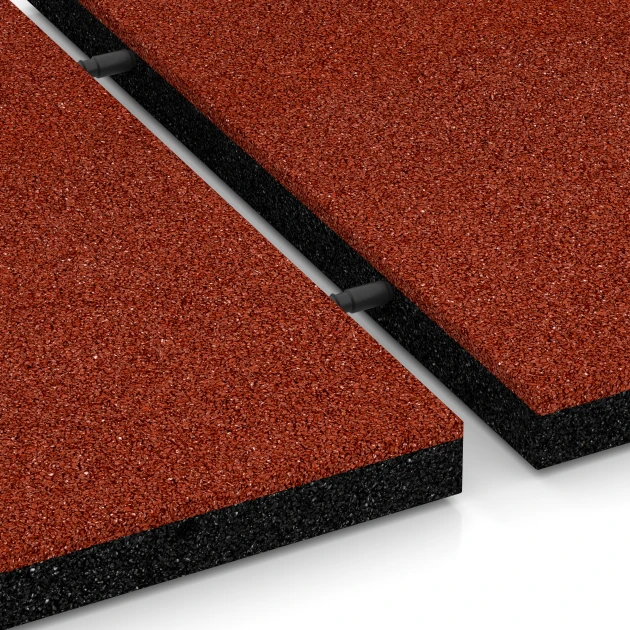 Großaufnahme vom Verbindungssystem von WARCO-Boden 6194 - Fallschutzplatten im Farbdesign Ziegelrot. Abmessungen 50 x 50 x 4 cm.