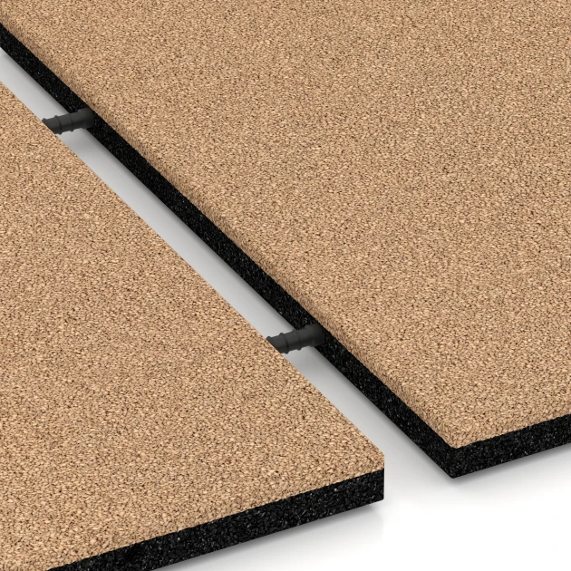 Großaufnahme vom Verbindungssystem von WARCO-Boden 6252 - Terrassenfliese – 3 cm im Farbdesign Sandbeige. Abmessungen 50 x 50 x 3 cm.