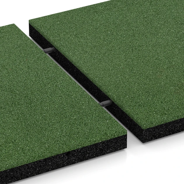 Großaufnahme vom Verbindungssystem von WARCO-Boden 6261 - Fallschutzplatte – 150 cm im Farbdesign Grasgrün. Abmessungen 50 x 50 x 4,5 cm.