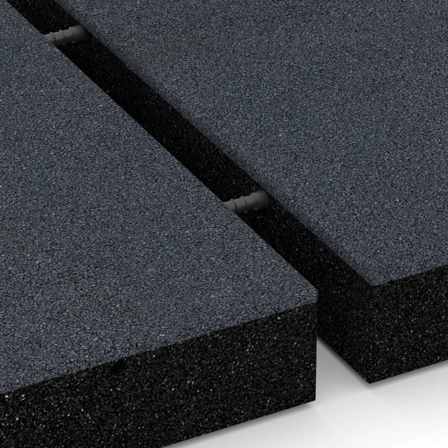 Großaufnahme vom Verbindungssystem von WARCO-Boden 6233 - Fallschutzplatten im Farbdesign Schiefergrau. Abmessungen 50 x 50 x 8 cm.