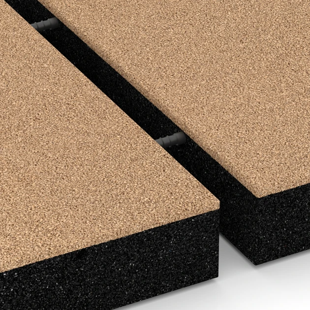 Großaufnahme vom Verbindungssystem von WARCO-Boden 6234 - Fallschutzplatten im Farbdesign Sandbeige. Abmessungen 50 x 50 x 8 cm.