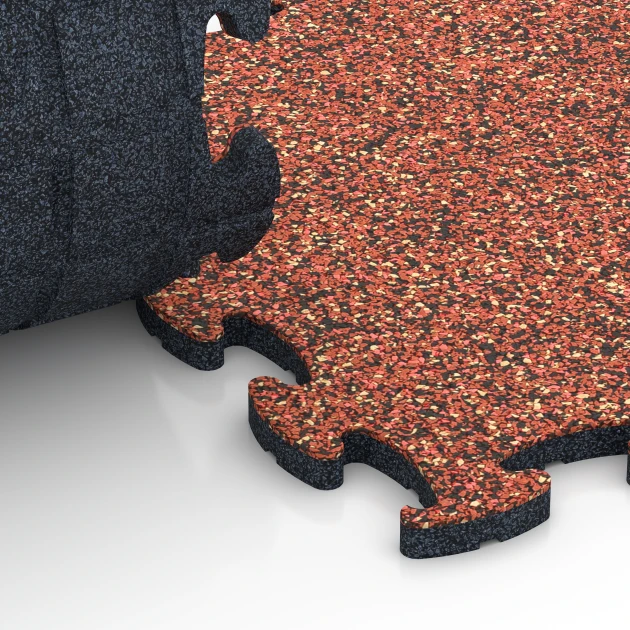 Großaufnahme vom Verbindungssystem von WARCO-Boden 6827 - Fitness Active Floor System im Farbdesign Feuersglut. Abmessungen 44,6 x 44,6 x 1,8 cm.